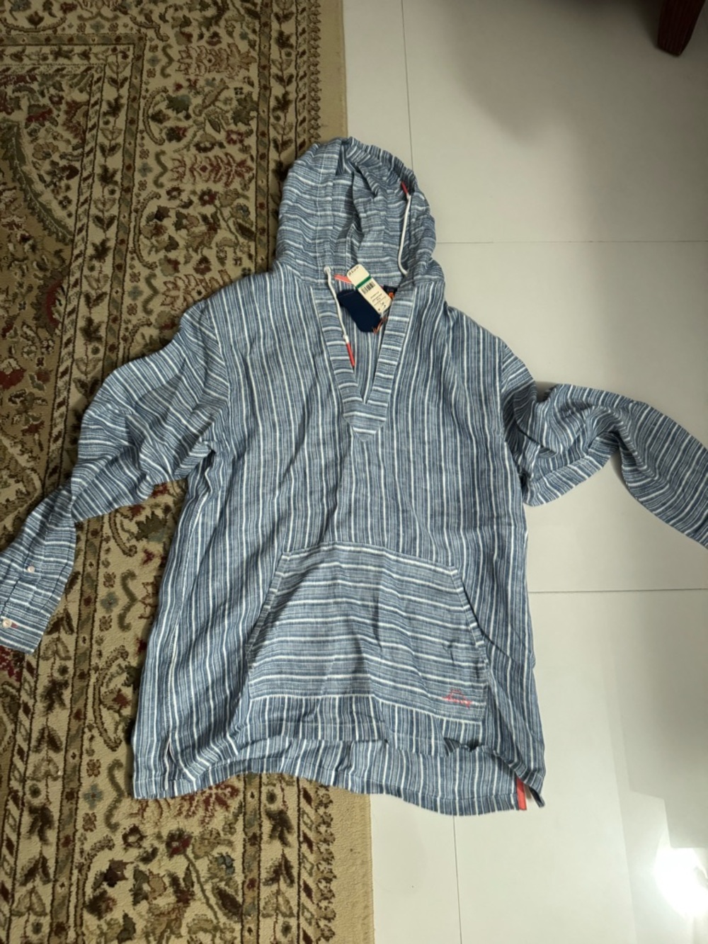 NWT Tommy Bahama Blue & White Striped Linen Blend Hooded Pullover